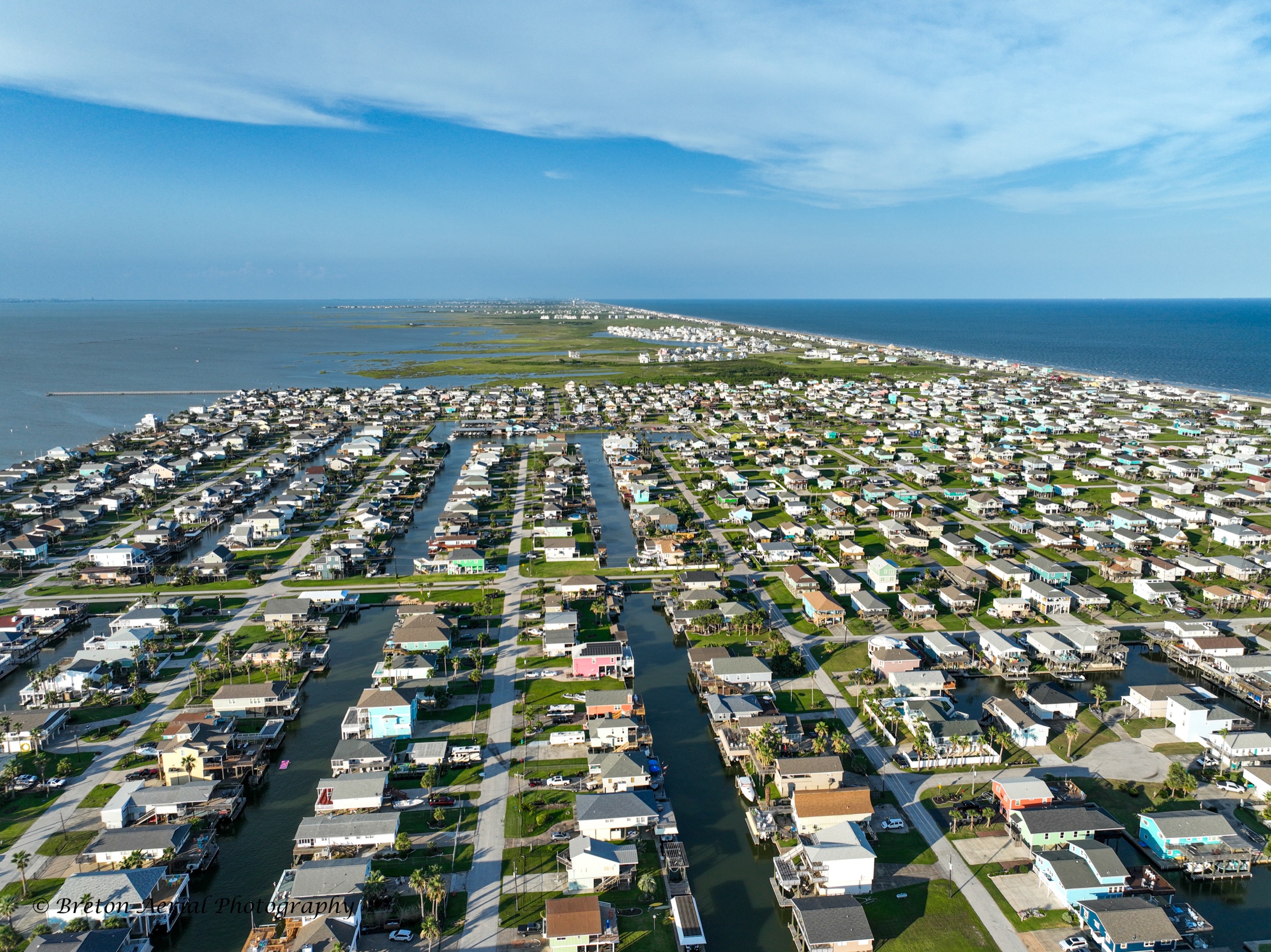 Aerial view of Galveston canals and the Gulf Coast